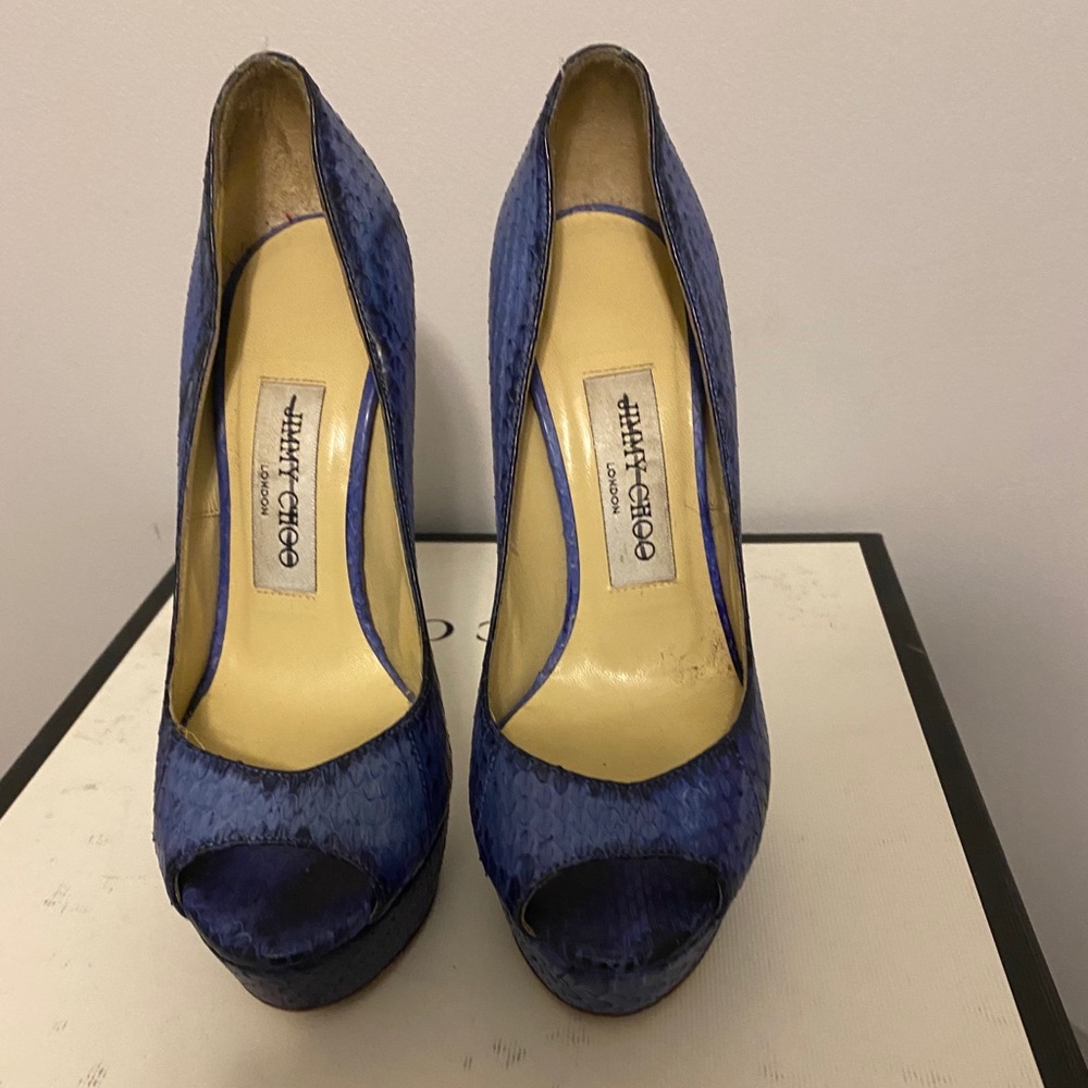 Jimmy Choo Blue Water Snakeskin Open toe pump